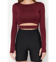 Moda Bisiklet Yaka Örme Fit Düz Desen Sportswear Crop Uzun Kol Bluz (Bordo)