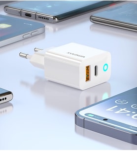 Blue Moon PD 30Watt Hızlı Şarj Aleti, A + C Girişli, Beyaz, USB A ve Type C Çıkışlı