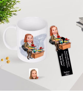 BK Gift Kişiye Özel Kadın Öğretmen Karikatürlü Kupa Bardak ve Ahşap Kitap Ayracı-4