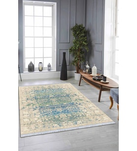 Mavi Vintage Dokuma Pamuk Tabanlı Kaymaz Kilim KLM238
