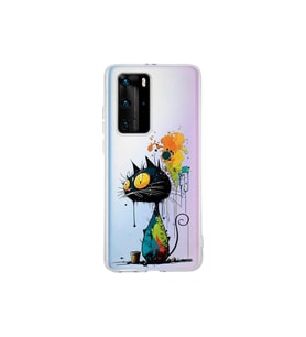 Huawei P40 Pro ile Uyumlu Splash Kedi Tasarımlı Şeffaf Silikon Kılıf