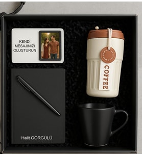 Premium Kişiye Özel Hediye Seti - Dereceli Bardak Termos & Defter & Kalem & Kupa & Çerçeve Kahve (Kahverengi)