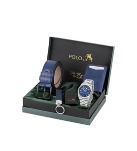 Polo Air Mercek Takvimli Erkek Kol Saati, Mıknatıslı Otomatik Mekanizmalı Cüzdan, Kemer, Kartlık, Anahtarlık Ve Çakmak Seti Gümüş Lacivert Renk PL-7098E2
