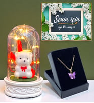 Led Işıklı Biblolu Fanus ve Kelebek Kolye Hediye Seti (Model 7)