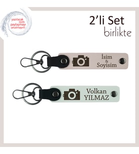 Her Pozda Sana Yer Var, Kamera Temalı, Kişisel 2’li Deri Anahtarlık Takımı, Pudra-Beyaz