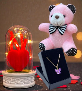 Tasarım Kelebek Kolye, Peluş Anahtarlık ve Led Işıklı Fanus Hediye Seti (Model 1)