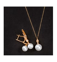 925 Ayar Zirkon Taşlı Damla Modeli Küre Gümüş İnci Set (Rose)