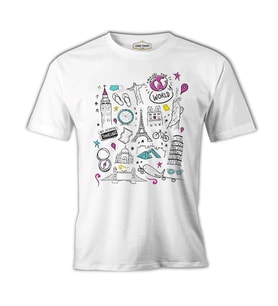 Travel the World Eiffel Pisa Liberty Big Ben Beyaz Erkek Tshirt