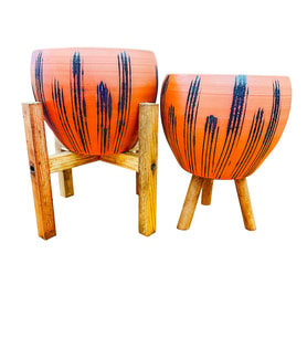 Bitki Tasarımı Siyah Çizgi Desenli Terrakota Toprak Saksı Saksılık Salon Çiçeklik İkili Set 3 Ayaklı- 4 Ayaklı- 15 Cm