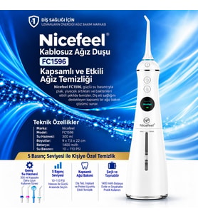 Nicefeel FC1596 Taşınabilir,Şarjlı,Masajlı,Diş Teli/Protez Bakım Profesyonel Ağız Duşu (Beyaz)