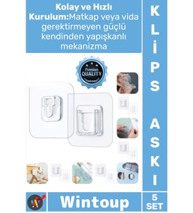 #AskıŞeffaf Yapışkanlı Çok Amaçlı Sağlam Duvar Montaj Ürün Geçmeli Klips Eşya Sabitleme Askısı 5 Set