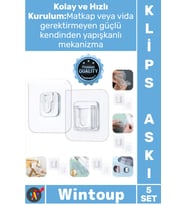 #AskıŞeffaf Yapışkanlı Çok Amaçlı Sağlam Duvar Montaj Ürün Geçmeli Klips Eşya Sabitleme Askısı 5 Set