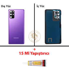 Samsung Galaxy S20 Plus Mor Renk Lensli Arka Kapak + B7000 Yapıştırıcı Arka Cam Batarya Kapağı Pil Kapağı Lazer Kesim Back Cover Galaxy S20 Plus Uyumlu