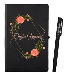 Kişiye Özel Doğum Günü Hediyesi Siyah Defter ve Siyah Roller Kalem Seti