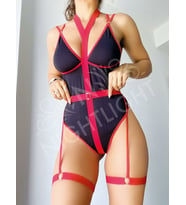 Arkası Çapraz Dekolteli Siyah Kırmızı Bodysuit Jartiyer Erotik Takım (Lacivert)
