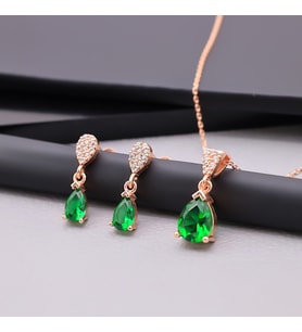 925 Ayar Gümüş Zümrüt Taşlı Damla Kolye Küpe Set