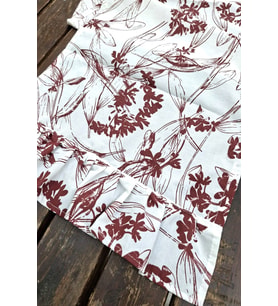 Bordo Çiçekli Pileli Runner - Dekoratif Runner - Keten Pileli Runner 40x110cm
