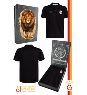 Galatasaray Orijinal Lisanslı Polo Yaka Siyah T-Shirt Hediyelik Ahşap Kutulu (Siyah)