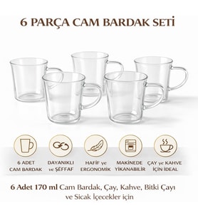 6’lı Cam Bardak Seti – 170 ml Kulplu Şeffaf Cam Kupa, Çay Kahve ve Bitki Çayı Bardakları, Bulaşık Makinesinde Yıkanabilir