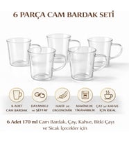 6’lı Cam Bardak Seti – 170 ml Kulplu Şeffaf Cam Kupa, Çay Kahve ve Bitki Çayı Bardakları, Bulaşık Makinesinde Yıkanabilir