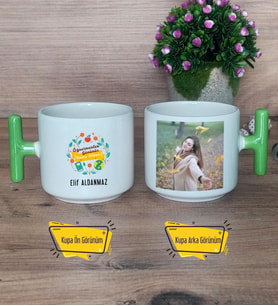 Öğretmenler Günü Hediyesi Kupa Bardak Fotoğraflı T Yeşil Kulplu Öğretmenler Günü Hediyesi