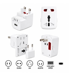 Universal Dünya Priz Dönüştürücü Seyahat Adaptörü USB Şarj Girişli 150+ Ülke Uyumlu Çok Fonksiyonlu Adaptör