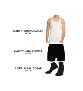 Erkek İç Giyim paketi 6 ad. Atlet 6 Ad. Boxer 8 Çift Çorap