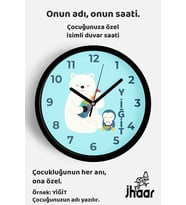 İsme Özel Sevimli Ayı ile Penguen Çocuk Odası Duvar Saati Orta Boy 30 cm Siyah Camlı Sessiz
