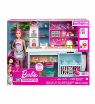 Barbie Pasta Dükkanı Oyun Seti ve pembe saçlı, minyon 30 cm bebek, fırın standı, pasta yapma özelliğ (Çok Renkli)