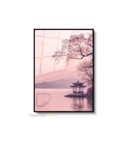 Dikey Çerçeveli Cam Japon Pembe Gokyuzu Modern Ev Dekoru Duvar Sanatı Ev Ofis Tablosu (Siyah)
