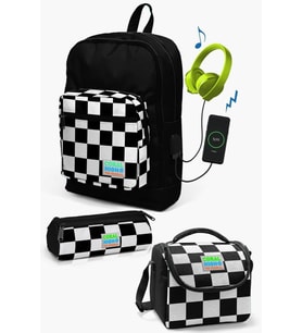 Coral High Kids Siyah Dama Desenli USB'li 3’lü Okul Çanta Seti - Erkek Çocuk