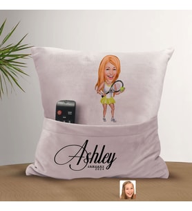 BK Gift Kişiye Özel Tenis Oyuncusu Karikatür Tasarımlı Organizer Kumanda ve Atıştırmalık Cepli Pembe Kırlent Yastık-2 Arkadaşa Hediye, Cepli Yastık