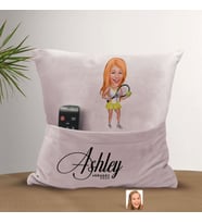BK Gift Kişiye Özel Tenis Oyuncusu Karikatür Tasarımlı Organizer Kumanda ve Atıştırmalık Cepli Pembe Kırlent Yastık-2 Arkadaşa Hediye, Cepli Yastık