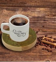 BK Gift Kişiye Özel Retro Motif Tasarımlı Doğal Ahşap Tabaklı Türk Kahvesi Fincanı Model 4