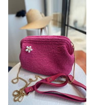 Broş Aksesuarlı HASIR Kadın El ve Omuz Çantası,Plaj Çantası, portföy clutch, uzun askısı mevcuttur (Pembe-Fuşya)