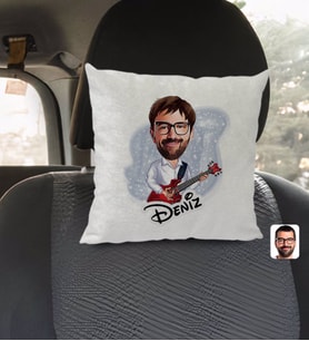 BK Gift Kişiye Özel İsimli Erkek Gitarist Karikatürlü Kare Araç Koltuk Yastığı-2