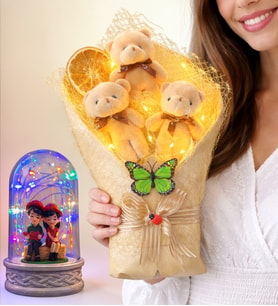 Premium Led Işıklı Büyük Peluş Ayıcık Buketi (Renkli Led Işıklı Oturan Çiftli Fanus Hediyeli)