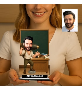 Kişiye Özel Öğretmen Karikatürlü 18 cm MDF Masaüstü Biblo - Öğretmen Hediyesi Öğretmene Özel Hediye