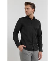 Siyah Kendinden Desenli Sert Yaka Uzun Kol Cepsiz Slim Fit Pamuklu Gömlek 1004255283
