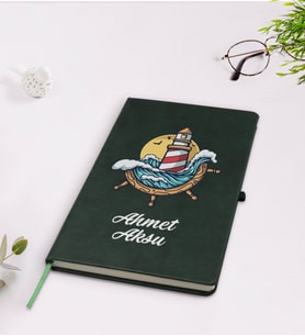 BK Gift Kişiye Özel Dümen Tasarımlı Yeşil Termo Deri Defter Model 4