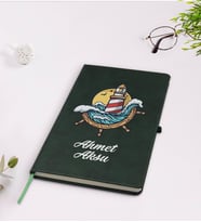 BK Gift Kişiye Özel Dümen Tasarımlı Yeşil Termo Deri Defter Model 4