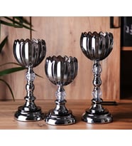 Ultra Lüks Kristal Taşlı Metal Ayaklı Gümüş Şamdan 3'lü Set Cam