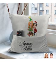 BK Gift Kişiye Özel Yılbaşı Sevgili Karikatür Tasarımlı Organizer Kumanda ve Atıştırmalık Cepli Gri Kırlent Yastık-4 Arkadaşa Hediye, Cepli Yastık