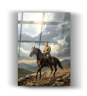 Atatürk At Üzerinde Dikey Cam Tablo - Hediyelik Büyük Tablo - Ev Ve Ofis Dekoru - Duvar Dekoru - Okul Ve Yurt (Kahverengi Açık)