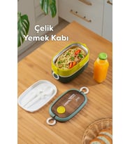 Porsima 66729-2 Stainless Steel Vakumlu Lunch Box İki Katlı Paslanmaz Çelik Kolay Kilitlenir Kendinden Kaşıklı Sefer Tası – 1300ml Yeşil-Sarı