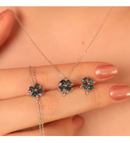 925 Ayar Gümüş Mistik Topaz Taşlı Yonca Kolye Küpe Bileklik Set