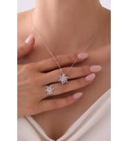 Gümüş Lotus Çiçeği Kolye & Yüzük Seti - 925 Ayar Gümüş Set