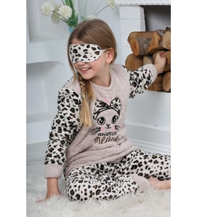 Yeni Sezon Sonbahar/Kış Kız Çocuk Leopar Desenli Polar Pijama Takımı 4103-Krem Rengi