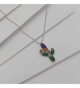 Gümüş Renkli Zirkon Taşlı Kaktüs Model Kolye 925 Ayar
