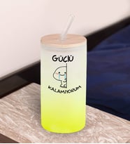 BK Gift Esprili Tasarım Sarı Renk Pipetli Buzlu Cam Bardak 600ml - 11, Arkadaşa Hediye, Doğum Günü Hediyesi